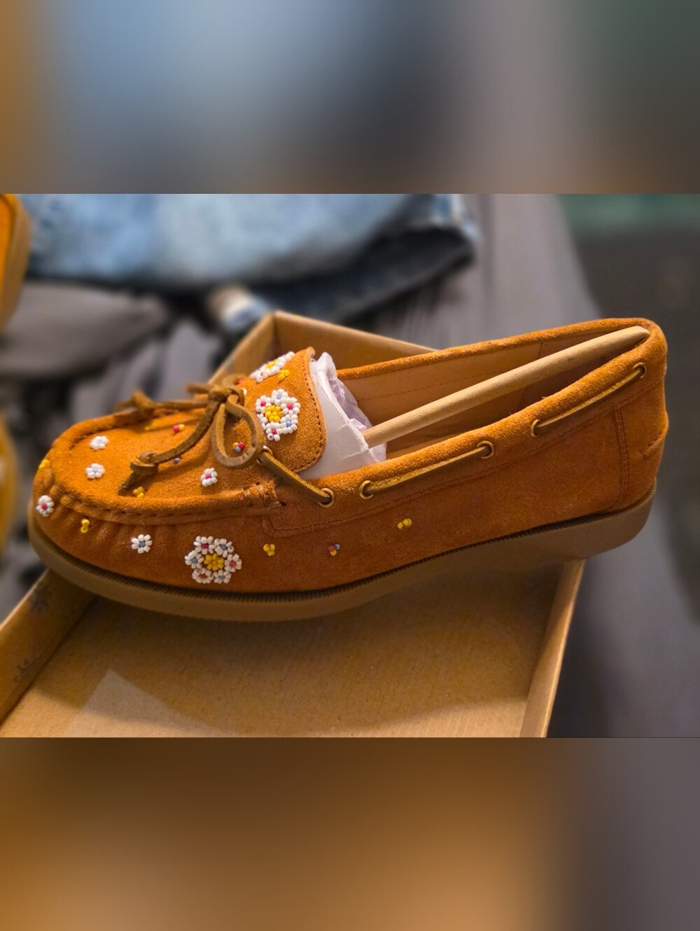 Free People Suede Moccasin Loafers with Floral Bead Detail - Tan - Picture 2 of 4
